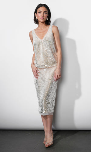 Greylin Gianna Velvet Sequin Midi Skirt in Cream