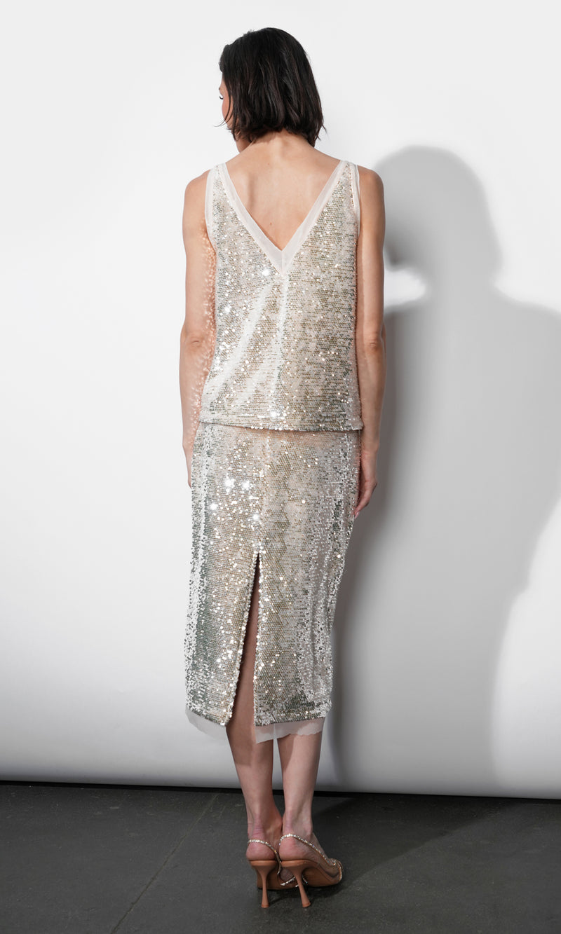 Greylin Gianna Velvet Sequin Midi Skirt in Cream