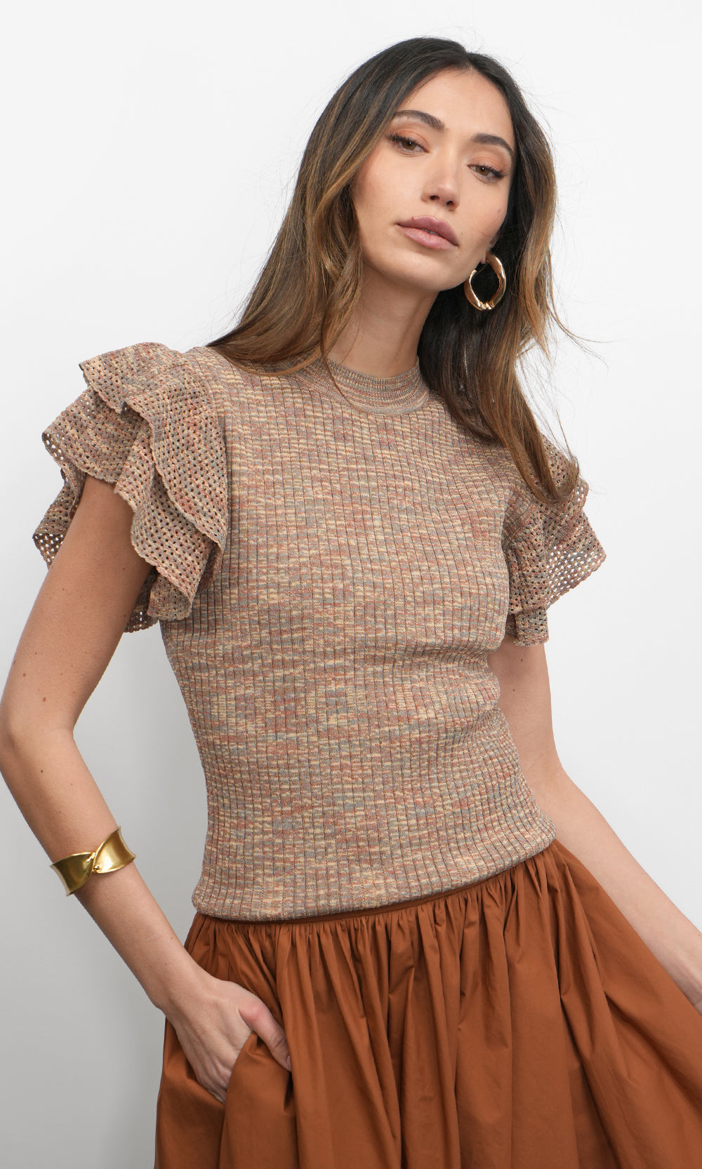 Greylin Rowe Crewneck Flutter Sleeve Knit Top in Brown