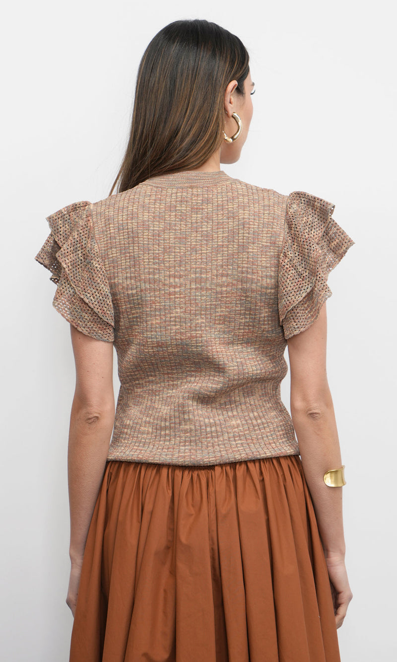 Greylin Rowe Crewneck Flutter Sleeve Knit Top in Brown