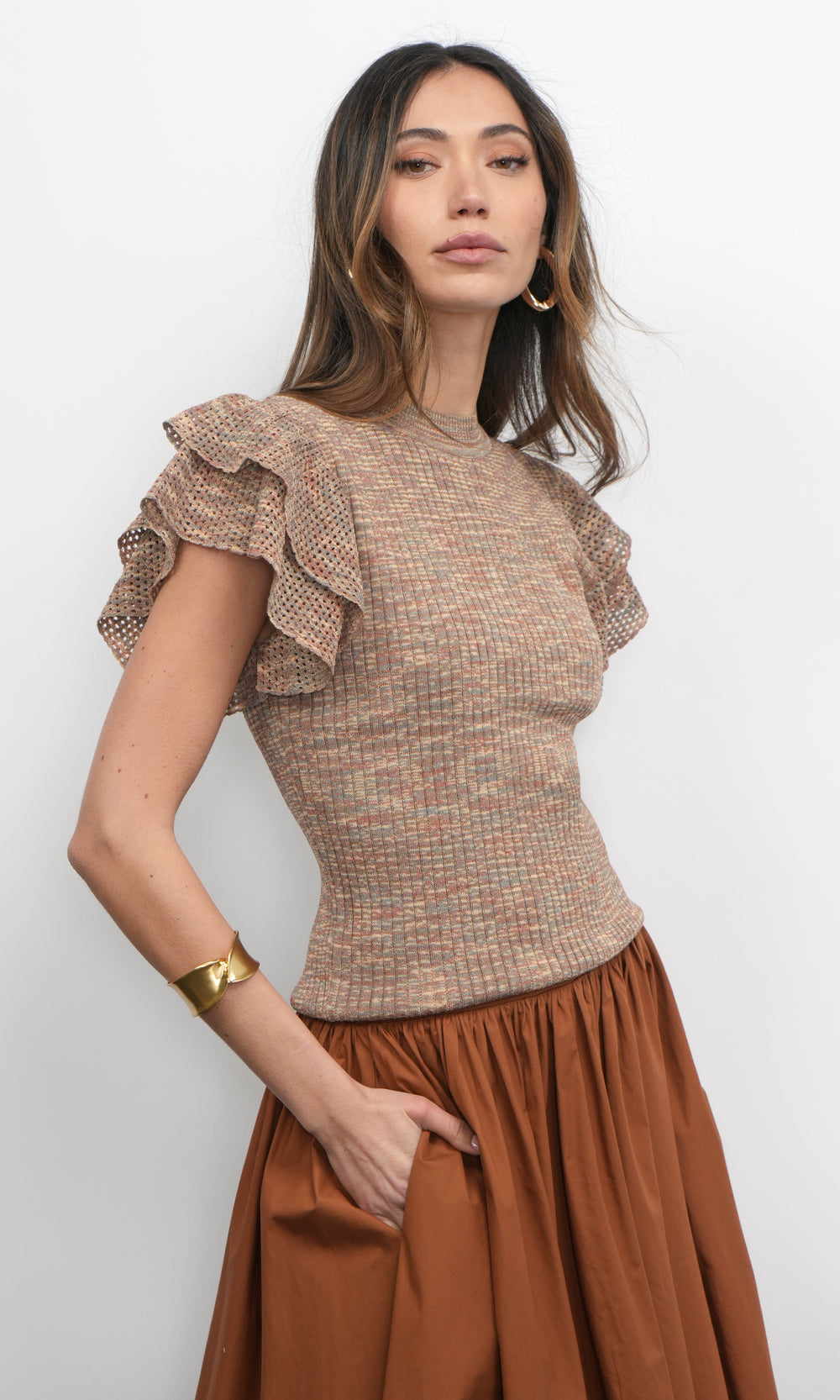 Greylin Rowe Crewneck Flutter Sleeve Knit Top in Brown