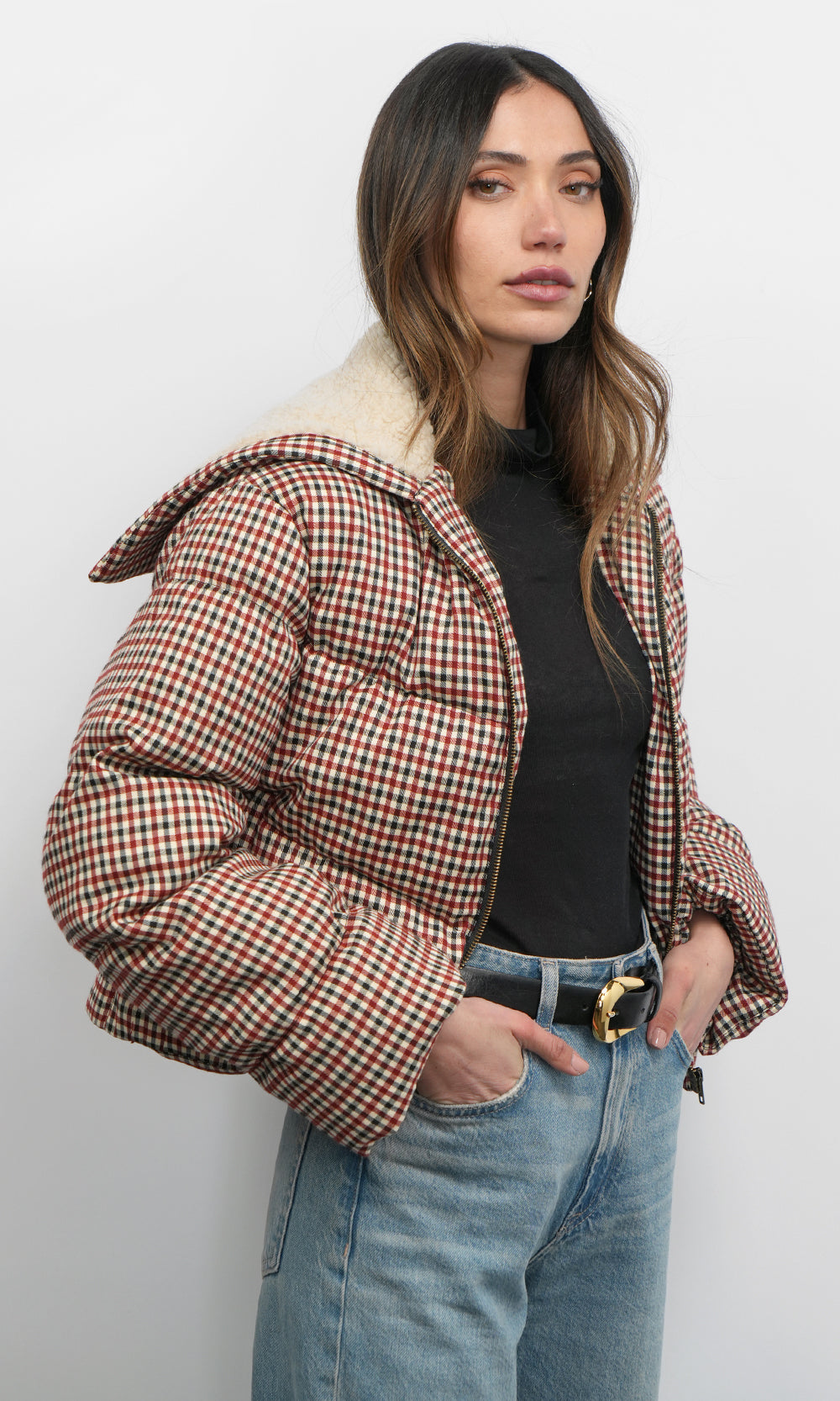 Greylin Sally Gingham Puffer with Shearling Collar in Multi Gingham