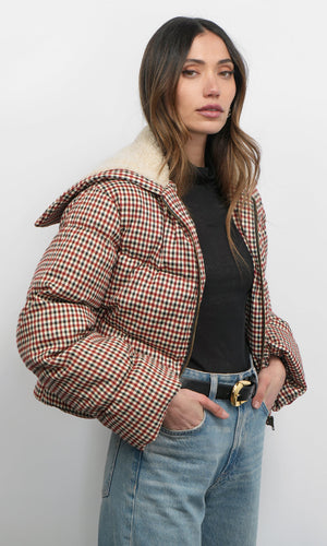 Greylin Sally Gingham Puffer with Shearling Collar in Multi Gingham