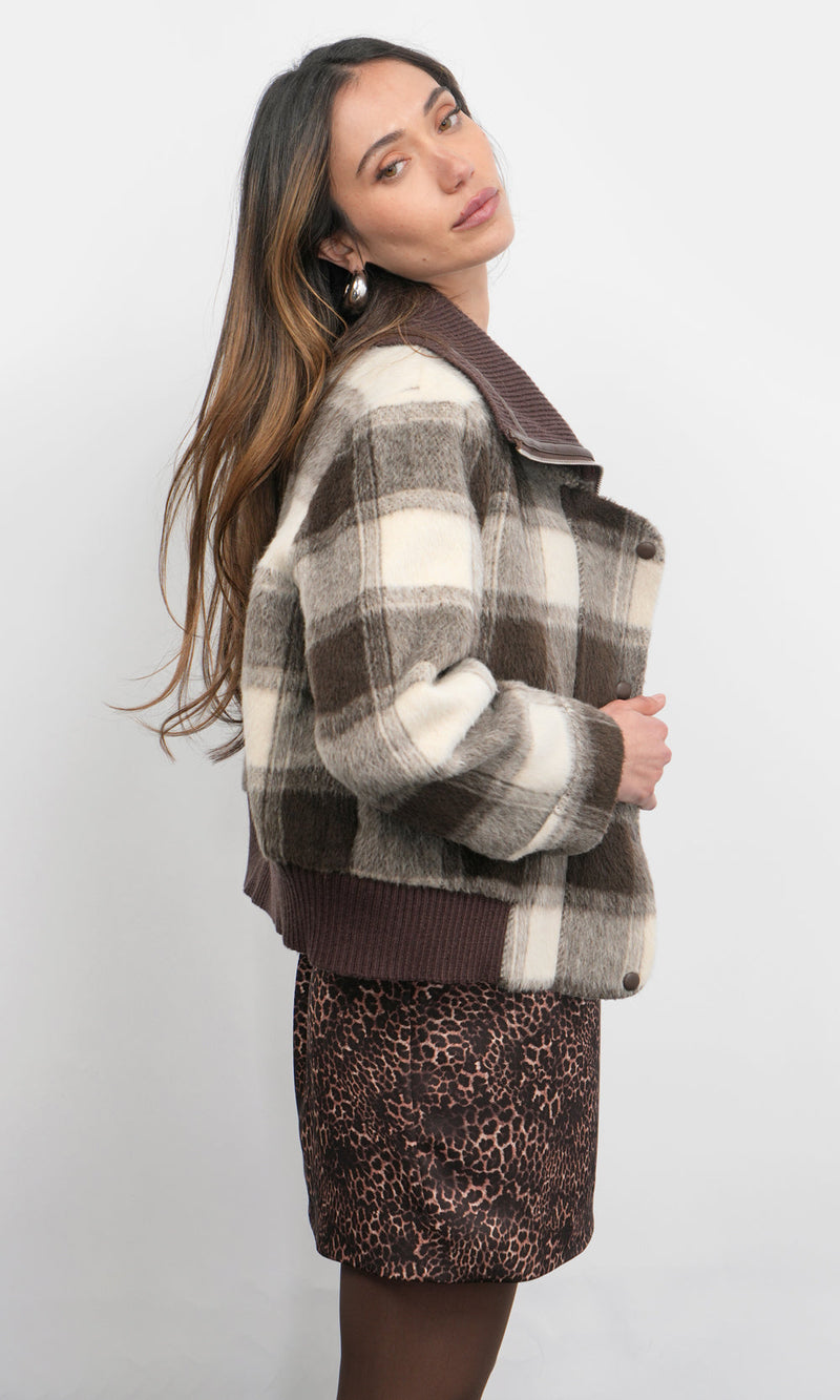 Greylin Lennox Plaid Jacket With Knit Oversized Collar