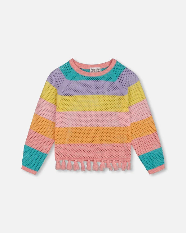 Deux par Deux Fringe Sweater in Tropical Rainbow Stripe