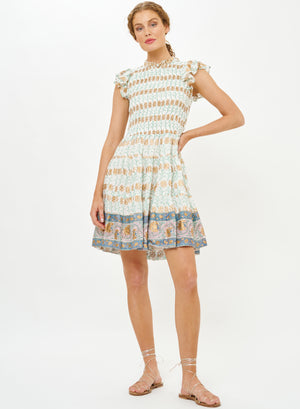 Oliphant Smocked Flirty Short Dress in Geneva Green