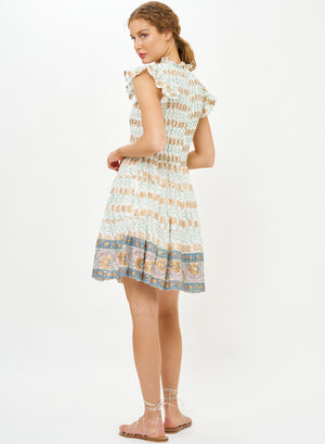 Oliphant Smocked Flirty Short Dress in Geneva Green