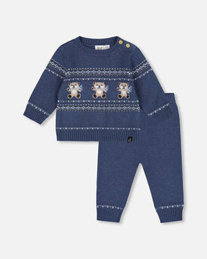 Deux Par Deux Jacquard Knit Set in Moonlight Blue