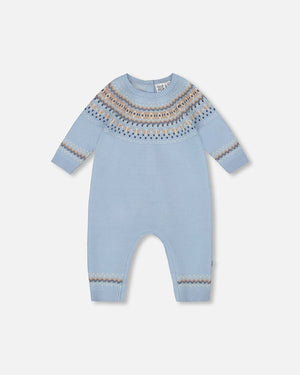Deux Par Deux Jacquard Knit Romper in Light Blue