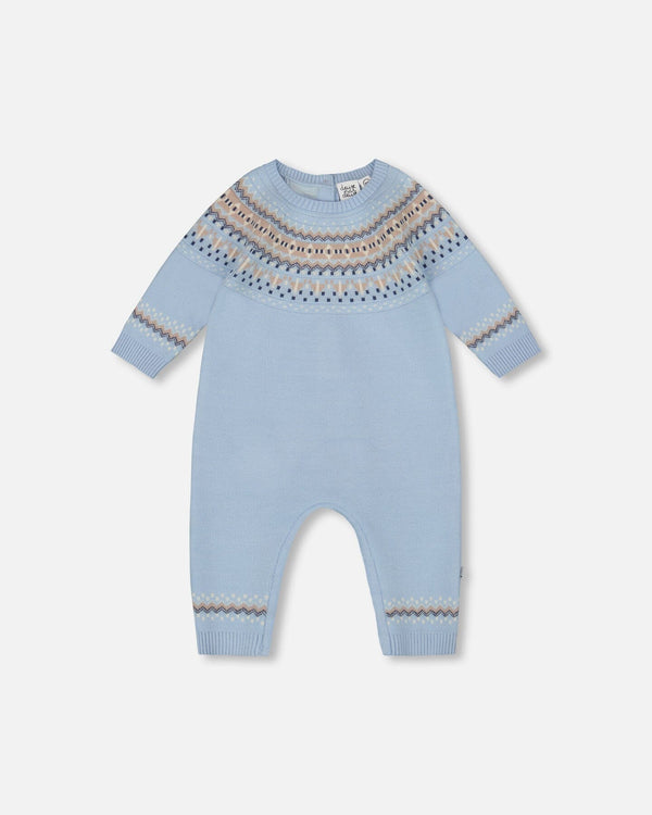 Deux Par Deux Jacquard Knit Romper in Light Blue