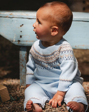 Deux Par Deux Jacquard Knit Romper in Light Blue