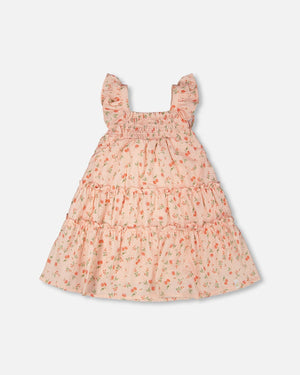 Deux Par Deux Multi-Tiered Dress With Smocking in Cherry Coral