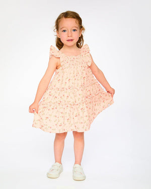 Deux Par Deux Multi-Tiered Dress With Smocking in Cherry Coral