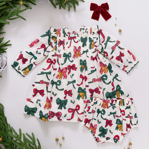 Pink Chicken Baby Girls Jaipur Dress in Christmas Bows and Bells