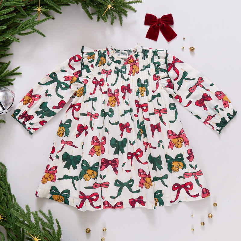 Pink Chicken Jaipur Dress in Christmas Bows and Bells
