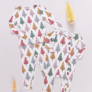 Pink Chicken Bamboo Pajama Set in Christmas Trees