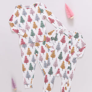 Pink Chicken Bamboo Ruffle Romper in Christmas Trees