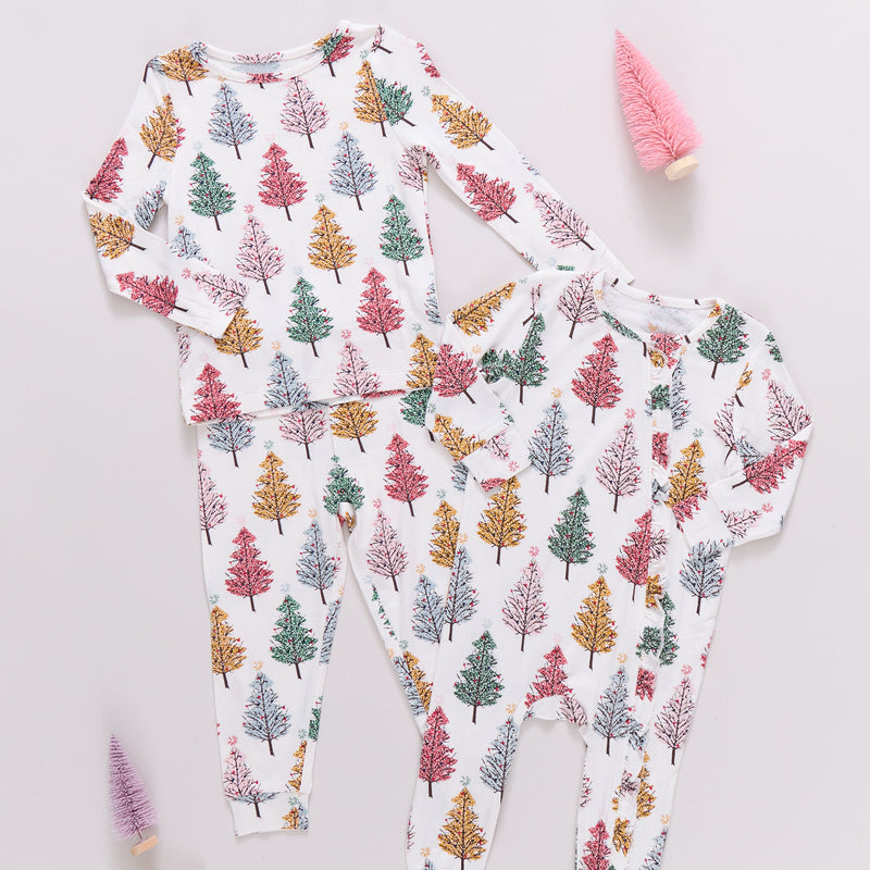 Pink Chicken Bamboo Ruffle Romper in Christmas Trees