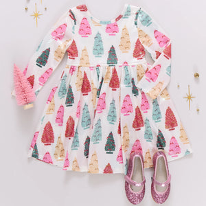 Pink Chicken Lamé Steph Dress in Bottle Brush Trees