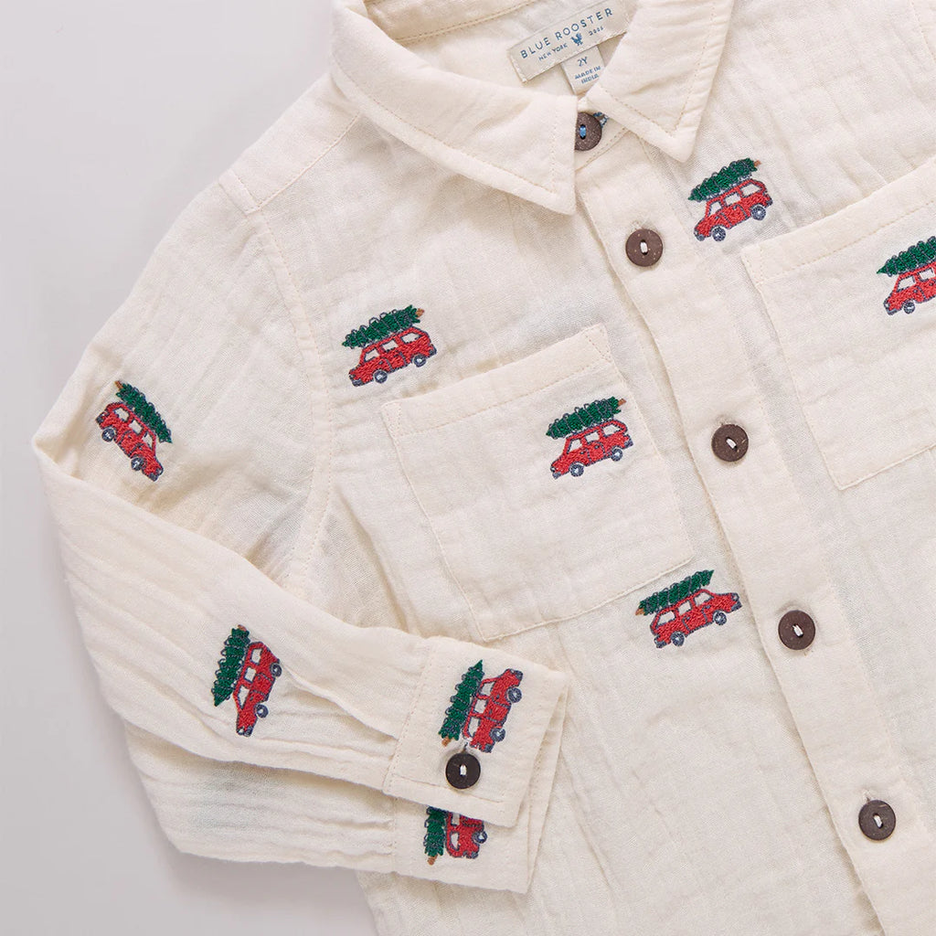 Pink Chicken Boys Jack Shirt in Tree Farm Embroidery