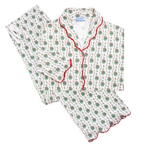 Joy Street Women's Button Front Long Scallop Pajama Set in Holly
