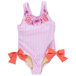 Pink Chicken Sutton Swimsuit in Pink Faux Embroidery Stripe