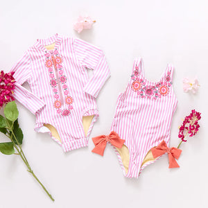 Pink Chicken Sutton Swimsuit in Pink Faux Embroidery Stripe