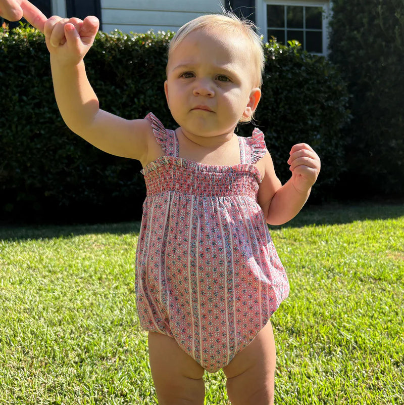 Minnow Smocked Bubble Romper in Floral Tile