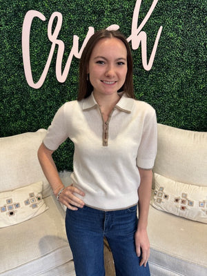 White + Warren Cashmere Button Polo Sweater in Soft White/Taupe