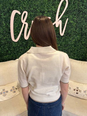 White + Warren Cashmere Button Polo Sweater in Soft White/Taupe