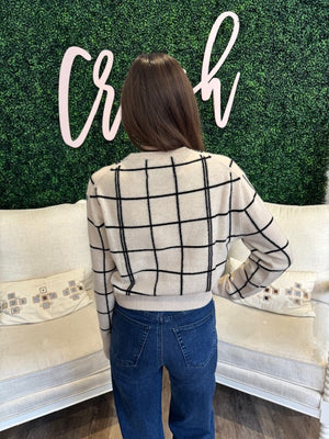 White + Warren Cashmere Windowpane Crewneck Sweater in Natural/Black