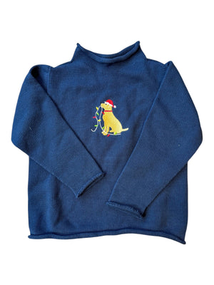 A Soft Idea Roll Neck Sweater in Navy with Dog with Holiday Lights
