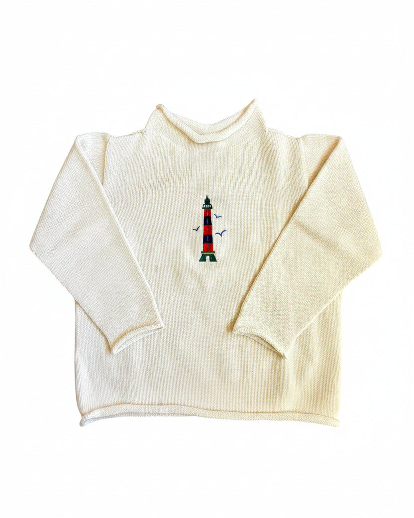 An off-white ribbed knit mock neck sweater with a small embroidered lighthouse design on the chest, displayed flat against a white background.