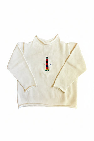An off-white ribbed knit mock neck sweater with a small embroidered lighthouse design on the chest, displayed flat against a white background.