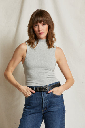 perfectwhitetee Mel Luxe Rib Mock Neck Tank in Heather Grey