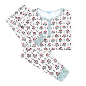 Joy Street Women's  Long Pajama Set in Poinsettia Block Print