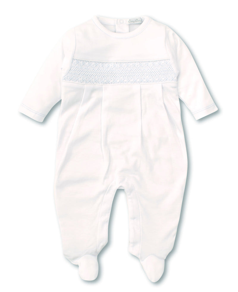 Kissy Kissy Classic White and Blue Footie with Hand Smocking