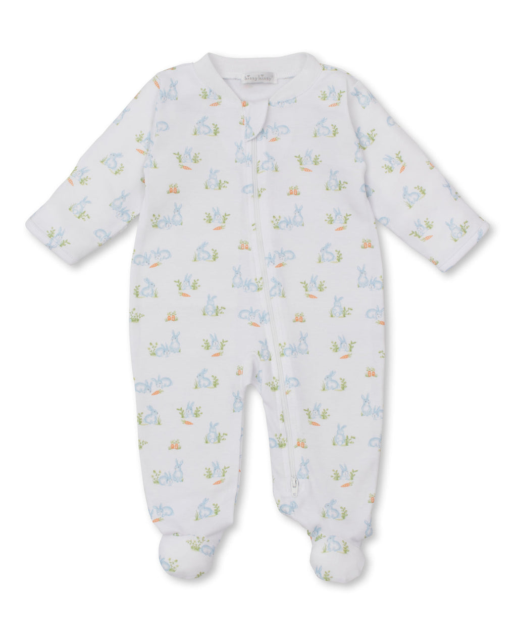 Kissy Kissy Zip Footie in Blue Baby Bunny Patch