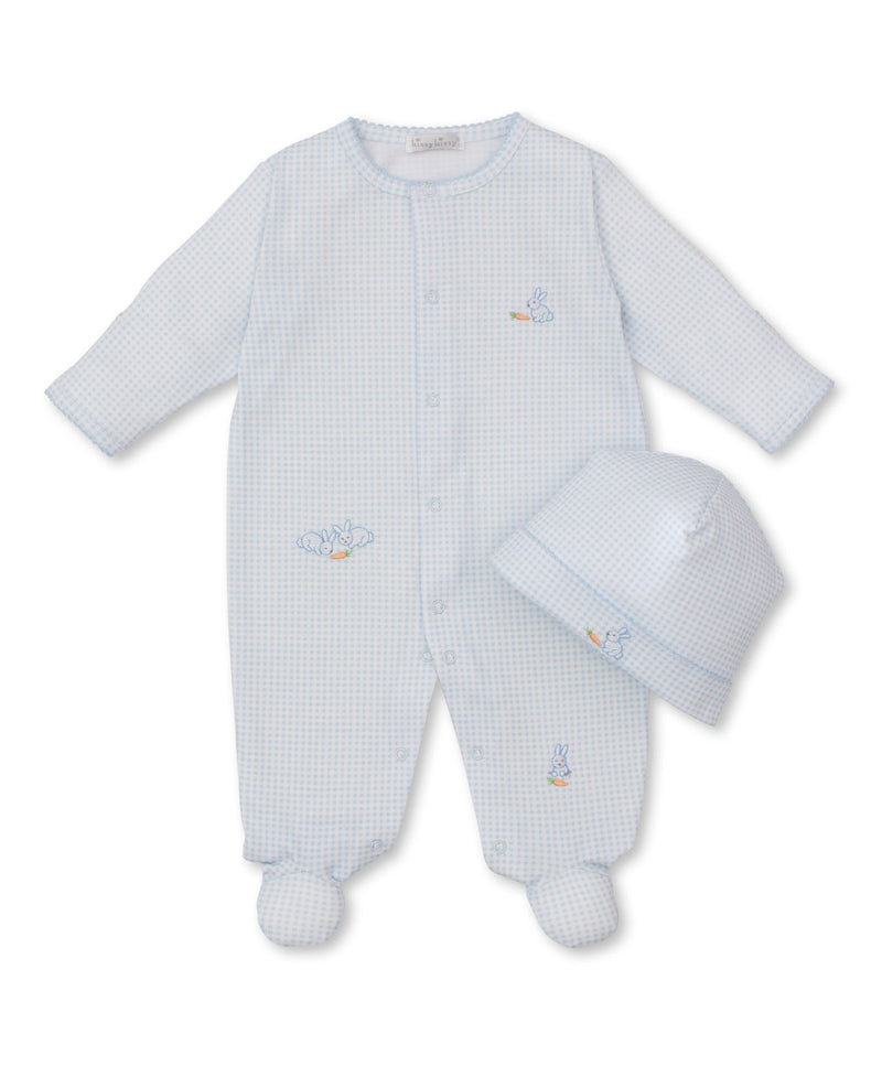 Kissy Kissy Snap Footie and Hat Set in Blue Baby Bunny Patch