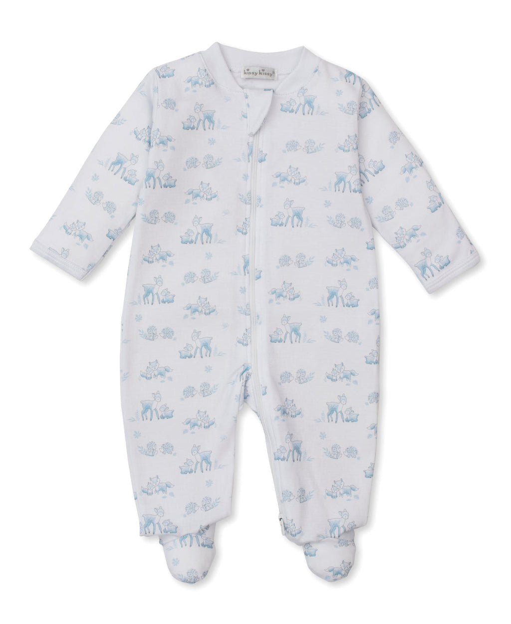 Kissy Kissy Print Zip Footie in Blue Forest Fanfare