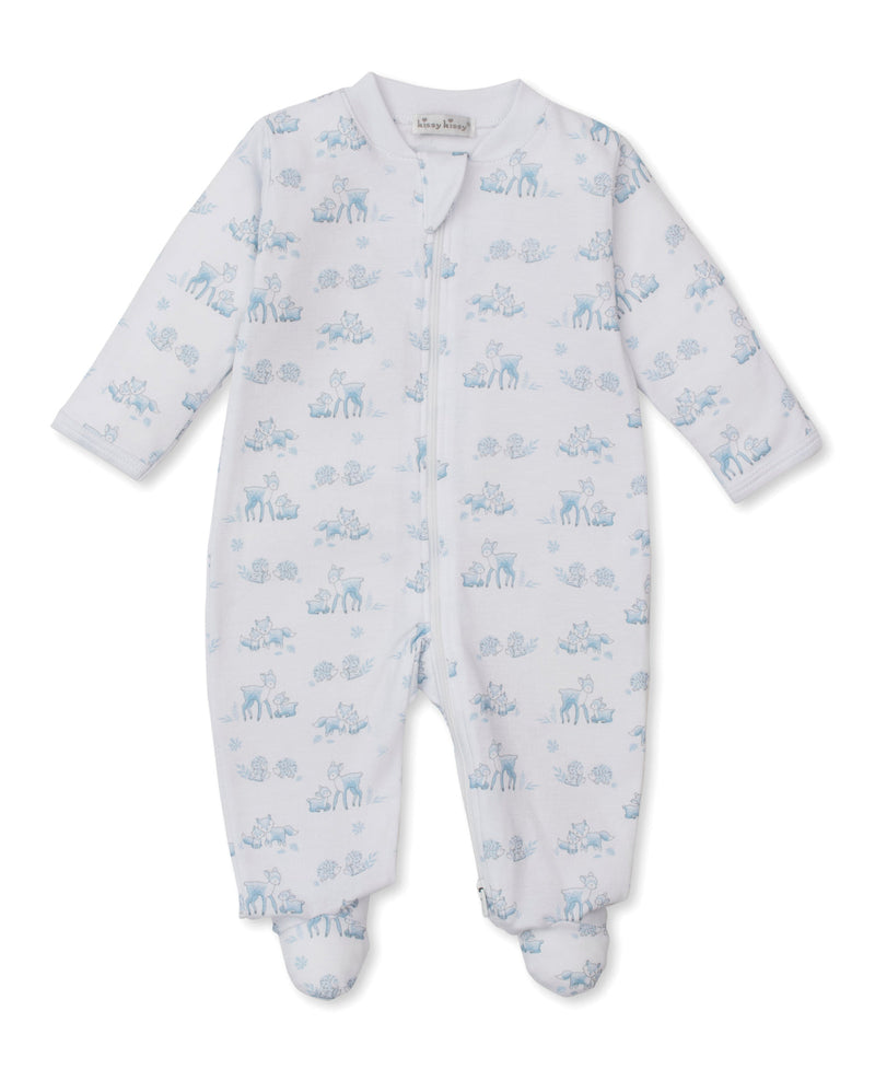 Kissy Kissy Print Zip Footie in Blue Forest Fanfare