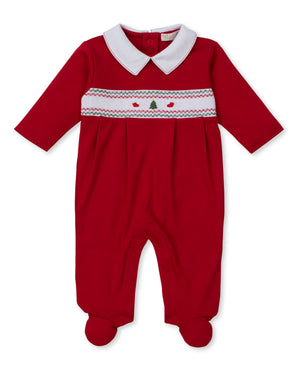 Kissy Kissy Hand Smocked Footie in Holiday Medley with Tree