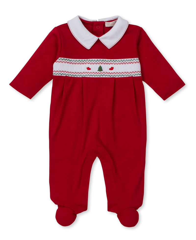 Kissy Kissy Hand Smocked Footie in Holiday Medley with Tree