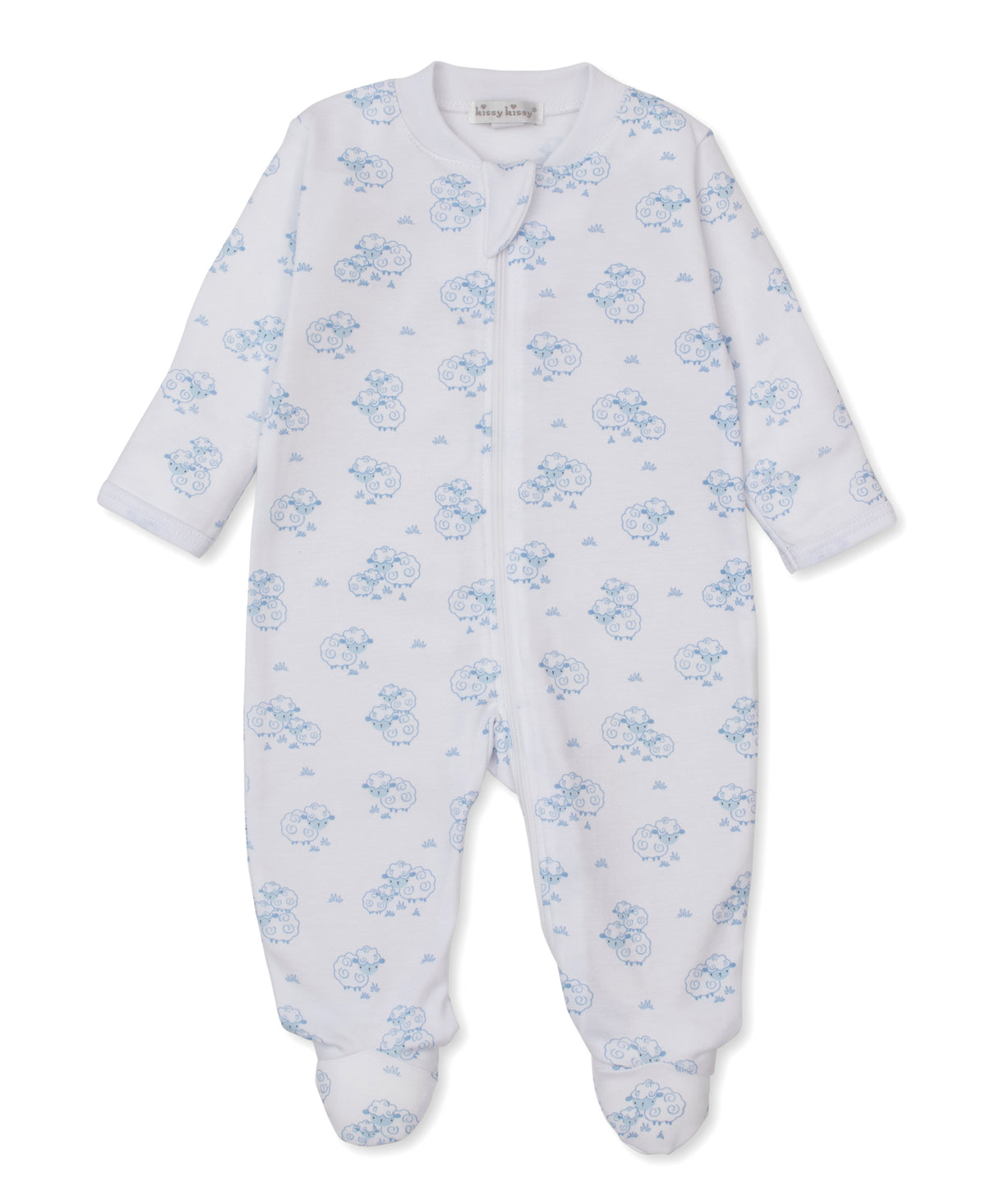 Kissy Kissy Print Zip Footie in Blue Sweet Sheep