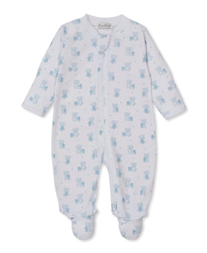 Kissy Kissy Print Zip Footie in Blue Teddy Bear Love