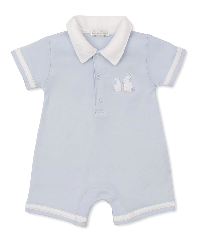 Kissy Kissy Short Playsuit in Blue Pique Bunny Bash