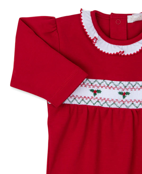 Kissy Kissy Ruffle Collar Smocked Footie with Holly in Red