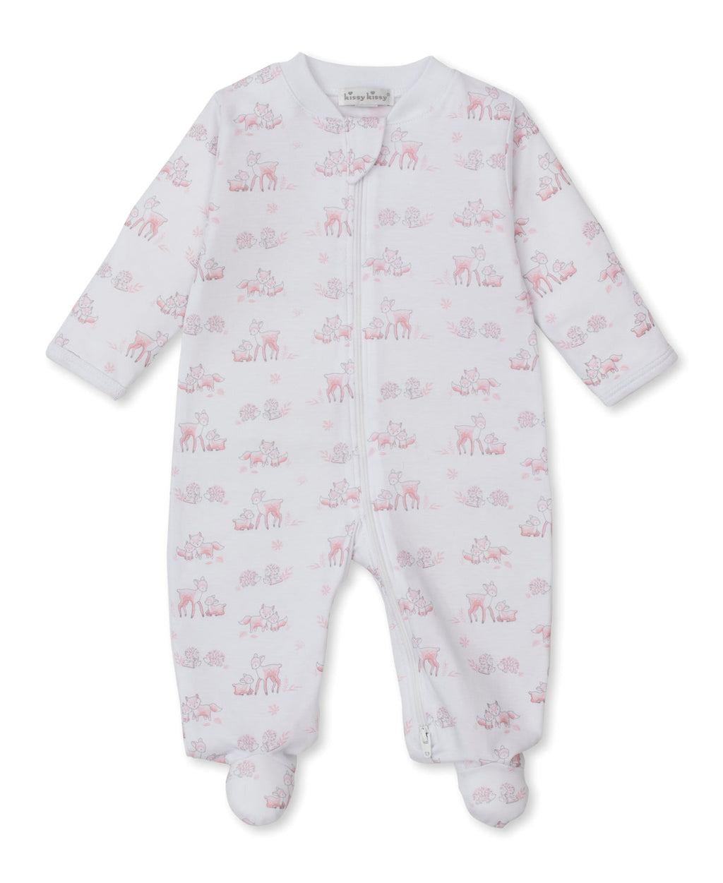 Kissy Kissy Print Zip Footie in Pink Forest Fanfare