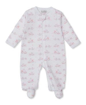 Kissy Kissy Print Zip Footie in Pink Forest Fanfare