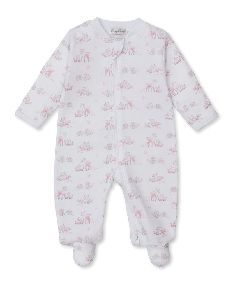 Kissy Kissy Print Zip Footie in Pink Forest Fanfare